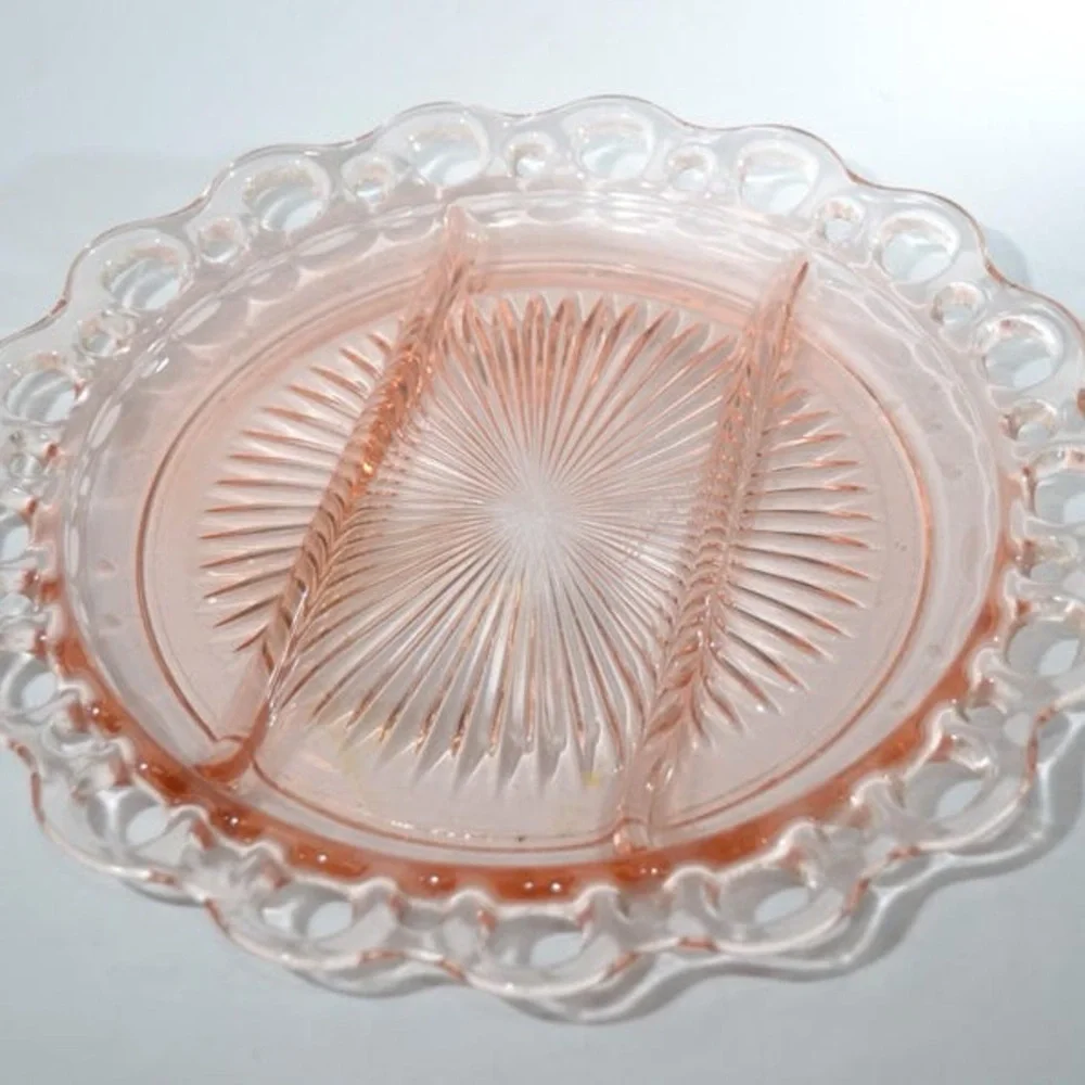 3 OLD COLONY Anchor  Depression Glass Platter Serving Plates Divided Lace edge